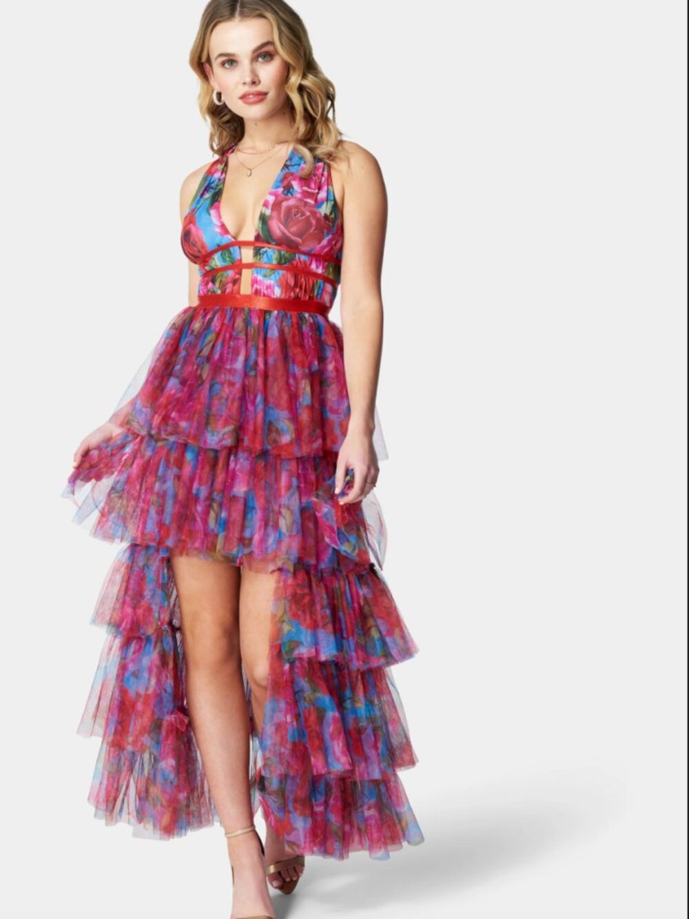 BEBE pink red blue floral tulle tiered ruffle dress